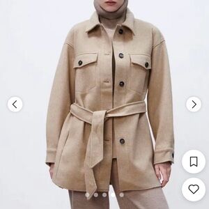 Zara Belted Shirt Jacket Tan Size S